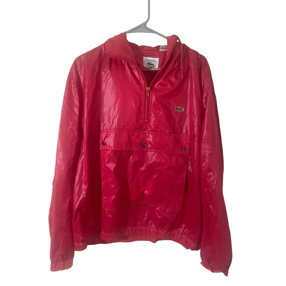 VTG Lacoste Rain Jacket Medium Red Crocodile Zip Hooded Windbreaker IZOD Shiny